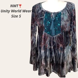 Unity World Wear boho style “velvet” teal blue/green long sleeve blouse